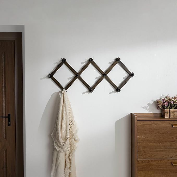 Dseap Accordion Wall Hanger: 16" High Wooden Expandable Coat Rack,Hat Rack,Accordion Hook Wall Mount for Baseball Caps,Coats,10 Peg Hooks,Dark Walnut