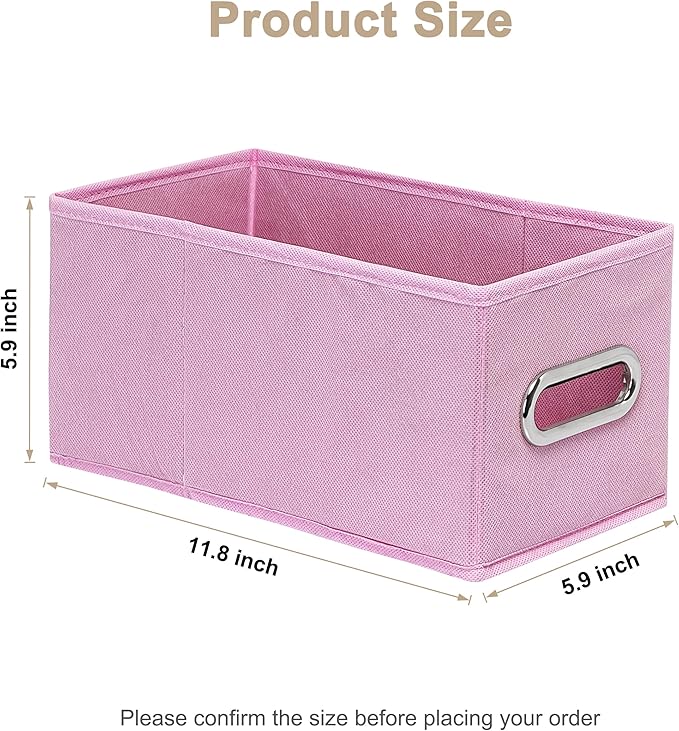 Narrow Storage Baskets for Shelves – Fabric Closet Organizers and Collapsible Storage Bins with Metal Handles – Space-Saving Baskets for Clothes, Towels, 5.9 x 11.8 x 5.9 inch (Pink)