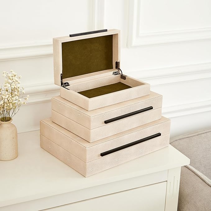 Denique Shagreen Decorative Boxes Set of 3, Leather Jewelry Storage Box Modern Storage Boxes with Lids, Ivory Stacking Boxes with Black Metal Handles Home Organizer Box