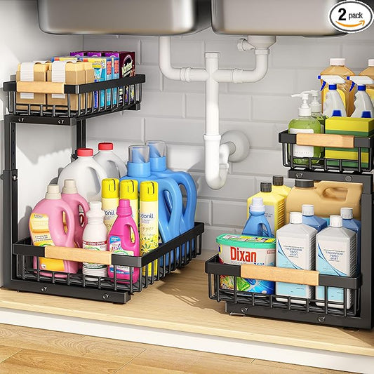 PXRACK Under Sink Organizer, Adjustable Height, 2 Tier Pull Out Under Cabinet Organizer, Slide Out Thickened Metal Under Sink Storage for Kitchen Bathroom Laundry Pantry Cabinet, Black, Small-2-Pack
