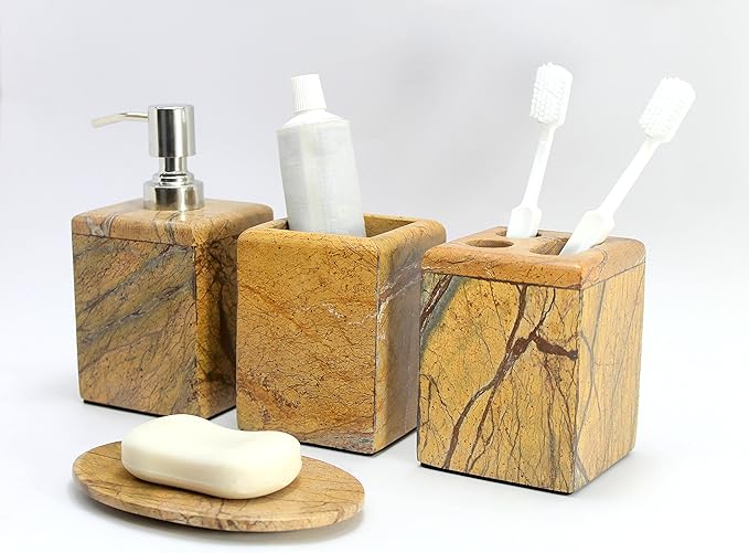 Bathroom Accessory Set Made from Natural Stone - Bath Accessories Set of 4 Includes Soap Dispenser, Toothbrush Holder, Tumbler and Soap Dish (Brown)
