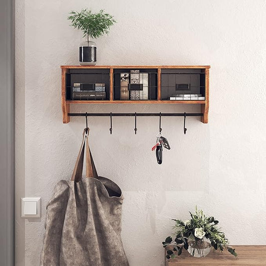 HBCY Creations Wall Mounted Shelf with Coat Hooks and Baskets, Solid Wood Entryway Organizer Wall Shelf with Hooks - Hang Coats, Keys or Coffee Mugs, Rustic Brown 24" Wide