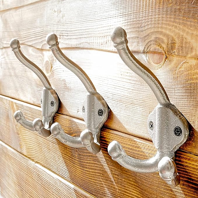 Dseap Cast Iron Wall Hooks L=5”, Heavy Duty Coat Hooks, Rustic Vintage Farmhouse Hook for Hanging Winter Coats Jackets Towels Hats Bags Plants, Silver, Pack of 10 (GripBold)