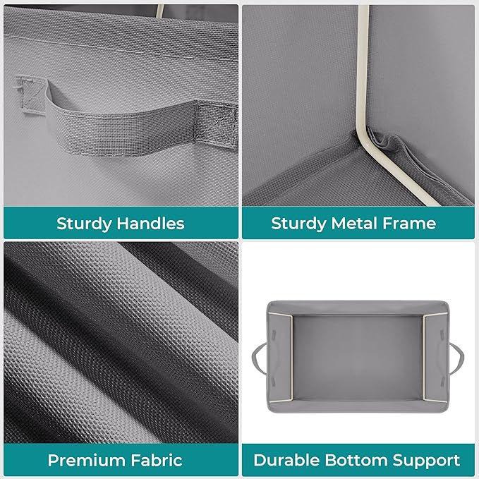 Storage Basket Bins with Metal Frame, Large Collapsible Fabric Storage Baskets for Organizing Shelf, Basket Organizer W/Handles for Blankets, Towels, Laundry, Shelves, 5-Pack, Gray