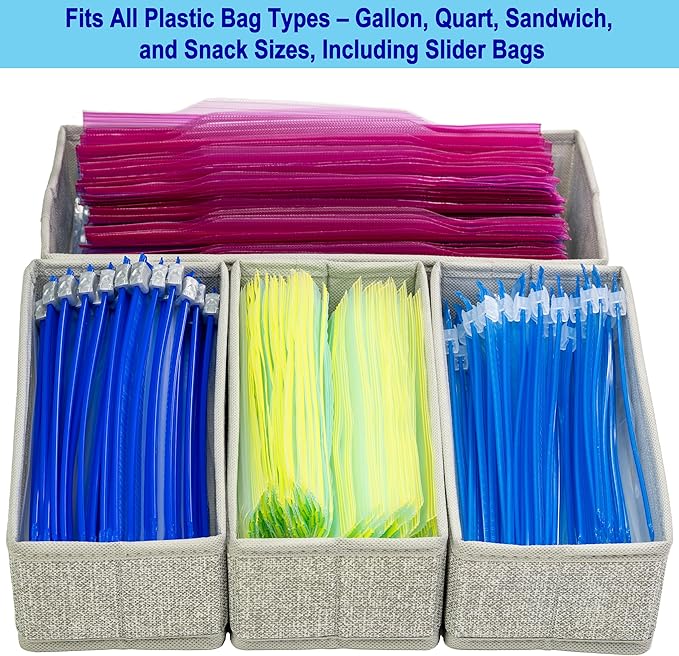 Drawer Organizer - 4-Piece Rigid Fabric Storage Bin Set - Fits Gallon, Quart and Sandwich Bags, Utensils & Silverware