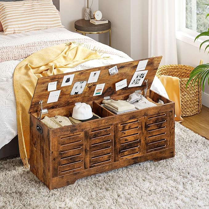 DINZI LVJ Storage Chest, 47.3â Wooden Toy Box with 2 Safety Hinges, Retro Entryway Shoe Storage Bench with Flip-Top, Sturdy Large Storage Trunk for Living Room, Bedroom, Easy Assembly, Rustic Brown
