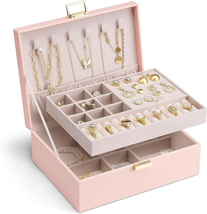 Vlando 2 Layer Jewelry Box Large Jewelry Organizer for Women Removable Jewelery Tray for Necklace Earrings Rings Bracelets Jewelry Boxes Gifts for Women (Pink)