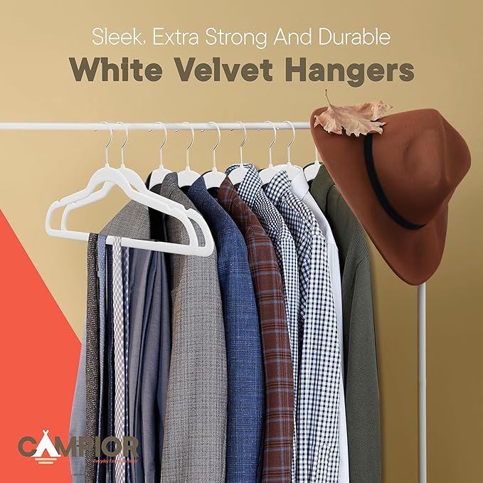 White Velvet Hangers 5 Pack – 360° Swivel Hook, Non-Slip and Space Saving Hangers, Heavy-Duty 11 lbs Weight Capacity - Smooth Velvet Finish for Crease-Free Clothes and Effortless Closet Organization