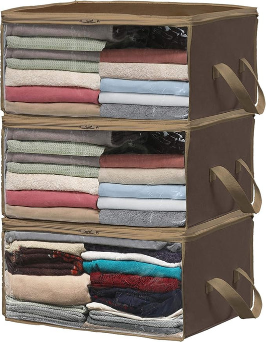 Simple Houseware 3 Pack Foldable Closet Organizer Clothing Storage Box with Clear Window, Brown
