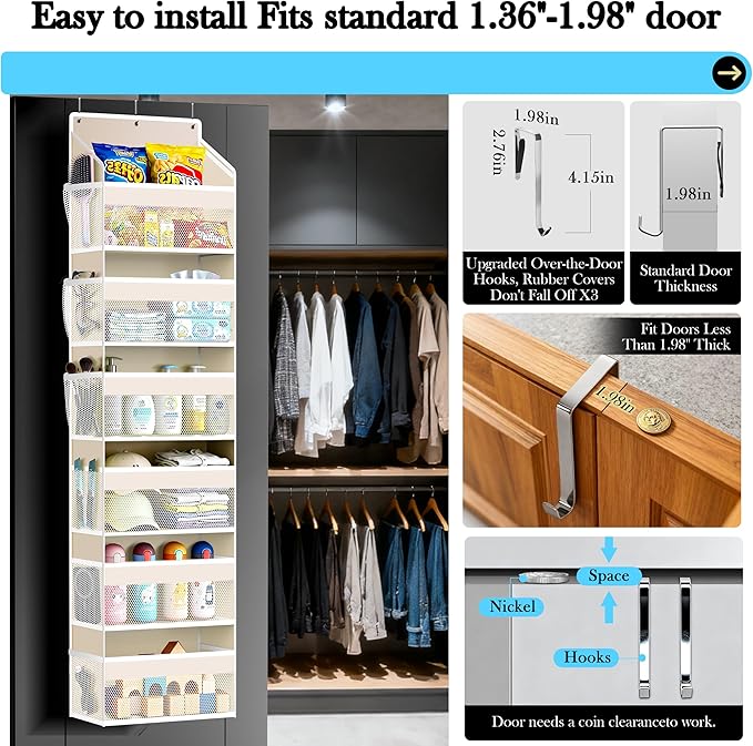 PAULONE 1 Pack Heavy Duty Over the Door Organizer, 6 Large + 12 Mesh Pockets with 89 lbs Capacity, Space-Saving Hanging Storage for Shoes, Toys, Bedroom & Closet (6-Layer Off-White)