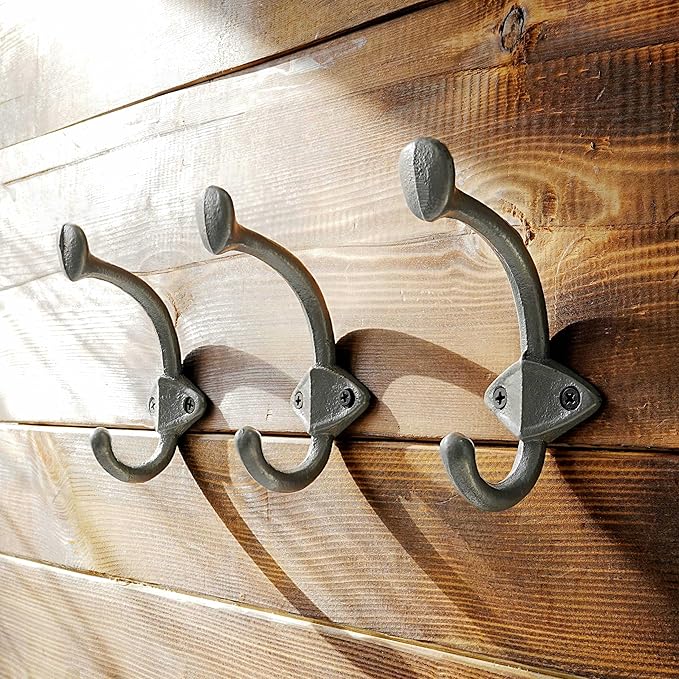 Dseap Cast Iron Wall Hooks L=5”, Heavy Duty Coat Hooks, Rustic Vintage Farmhouse Hook for Hanging Winter Coats Jackets Towels Hats Bags Plants, Silver, Pack of 10 (ShieldBold)