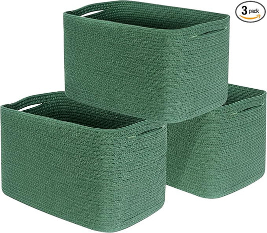 MINTWOOD Design 3-Pack Decorative Woven Storage Baskets for Shelves, Cube Bin Box for Organizing Books, Shoes, Dog Toys, Pantry Closet and Living Room Organizer, Forest Green