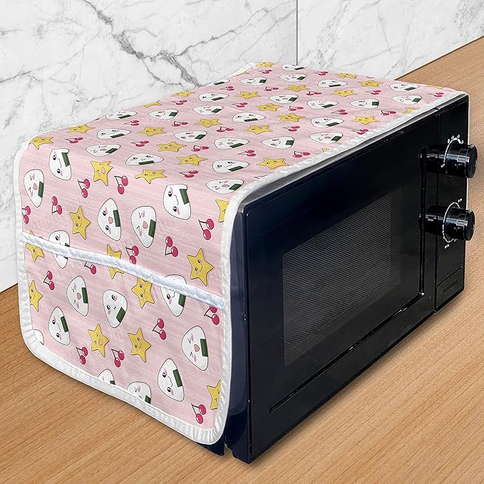 Ambesonne Japan Microwave Oven Cover, Japanese Foods Rice Ball Cherries Kawaii Anime Pattern Design, Water Resistant Organizer with Pockets for Kitchen, 36" x 12", Pink