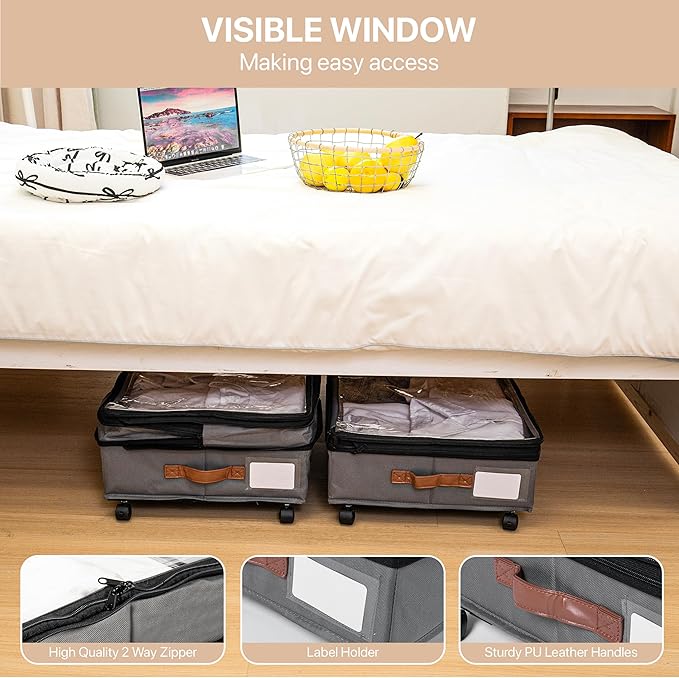 Expandable Under Bed Storage with Wheels 2 Pack â Large Under Bed and Closet Storage - Expandable Storage Bins with Lid & Dividers, Low Profile Storage Solution for Clothes, Shoes Great for Dorm Rooms