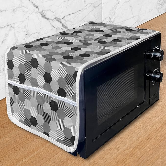 Ambesonne Charcoal Microwave Oven Cover, Greyscale Geometric Pattern with Striped Hexagons Grid Illustration, Water Resistant Organizer with Pockets for Kitchen, 36" x 12", Charcoal Grey