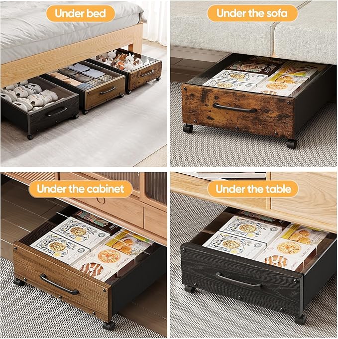 Under Bed Storage Containers with Wheels, Extra Large Wooden Underbed Shoes Organizer 2 Packs, Rolling Under the Bed Storage Drawers with Clear Lid, Heavy Duty Metal Frame for Clothes 36"L (Walnut)