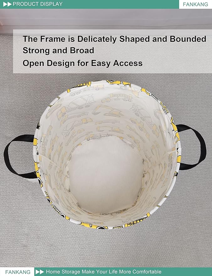 FANKANG Storage Basket, Nursery Hamper Canvas Laundry Basket Foldable with Waterproof PE Coating Large Storage Baskets for Kids Boys and Girls, Office, Bedroom, Clothes,Toysï¼excavatorï¼