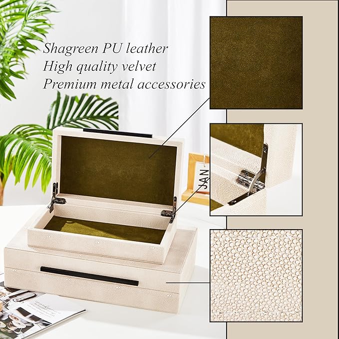 Denique Shagreen Decorative Boxes Set of 2, Leather Jewelry Storage Box Modern Storage Boxes with Lids, Ivory Stacking Boxes with Black Metal Handles Home Organizer Box