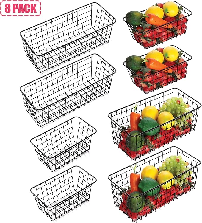 8 Pack Wire Storage Baskets Household Metal Wall-Mounted Containers Organizer Bins for Kitchen Bathroom Freezer Pantry Closet Laundry Room Cabinets Garage Shelf, 4 Large 4 Medium