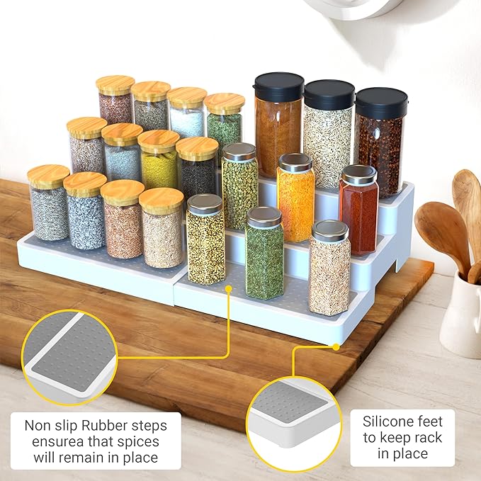 YAN & HIN Expandable Spice Rack Organizer for Cabinet (2 Pack), 3-Tier Tiered Spice Shelf Organizer with Non-Skid Surface, Adjustable Pantry Organizer for Spices, Cans & Medicine Cabinet