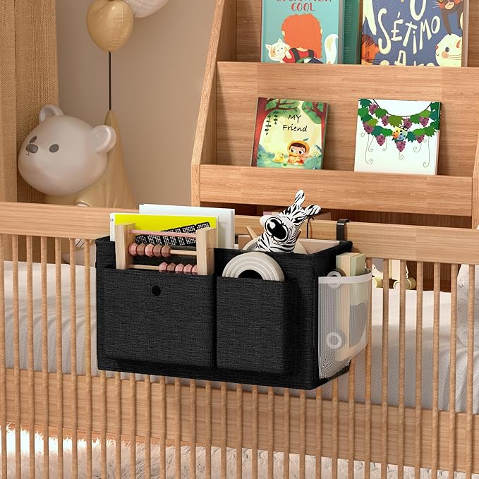 Bedside Caddy Bedside Organizer with Fixed Straps & Water Bottle Holder, Bunk Bed Caddy ideal for Home, Dorm, Hospital, Crib, Versatile Bedside Storage Solution (Black)