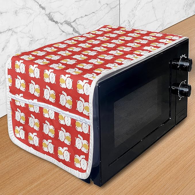 Ambesonne Japanese Cat Microwave Oven Cover, Lucky Maneki Neko Luck Fortune Prosperity Backdrop, Water Resistant Organizer with Pockets for Kitchen, 36" x 12", Vermilion White