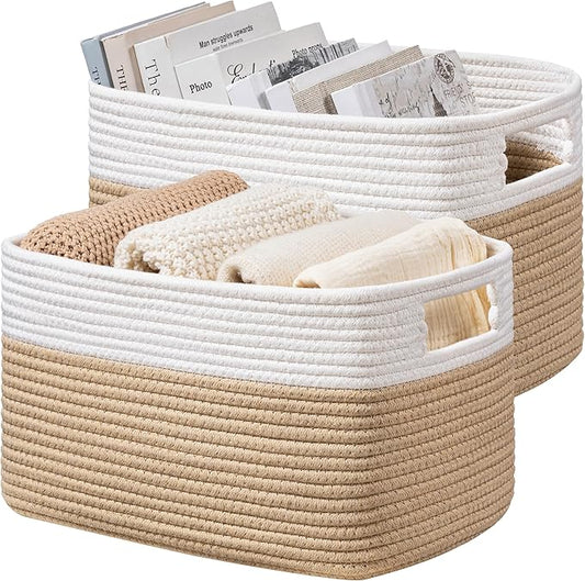 UBBCARE 2 Pack Storage Baskets for Organizing, Shelf Baskets with Handles, Woven Storage Baskets for Bookcase/Cube Shelf/Closet, 14.5"L x 9.8"W x 9"H, White&Brown