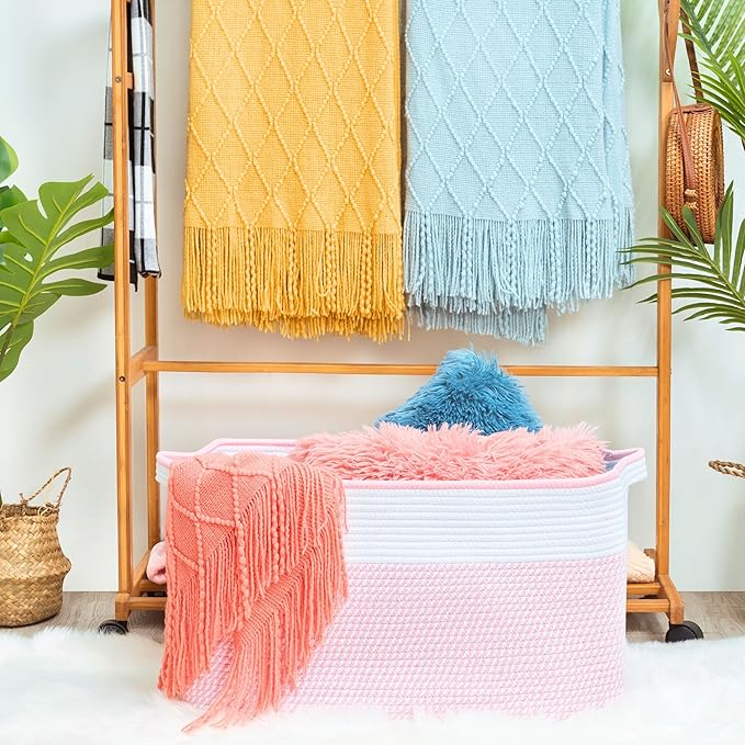 MINTWOOD Design 22in Extra Large Blanket Basket Holder Living Room, Rectangle Rope Woven Storage Basket with Handles for Laundry, Pool Towels, and Shoes, Dog Toy Organizer Bin Box, Light Pink