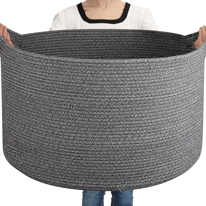 Large Woven Baskets for Storage, 23.6" x 23.6" x 14.6" Blanket Storage Living Room, Baby Toy Basket for Clothes, Pillows, Towels, Shoe Basket for Entryway (Dark Grey)