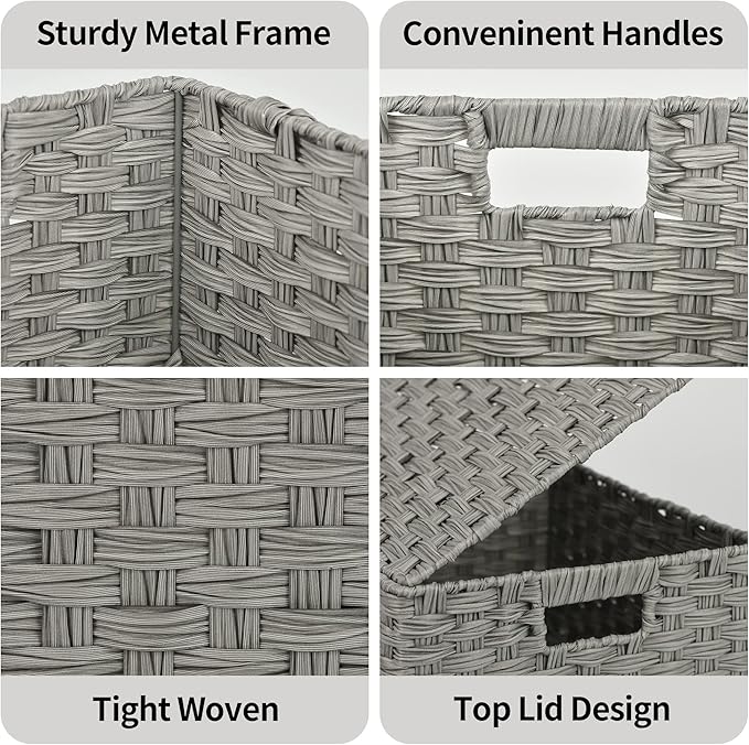 GRANNY SAYS Wicker Storage Baskets, Decorative Boxes with Lids, Set of 3 Nesting Wicker Baskets for Organizing, Gray, 3-Pack