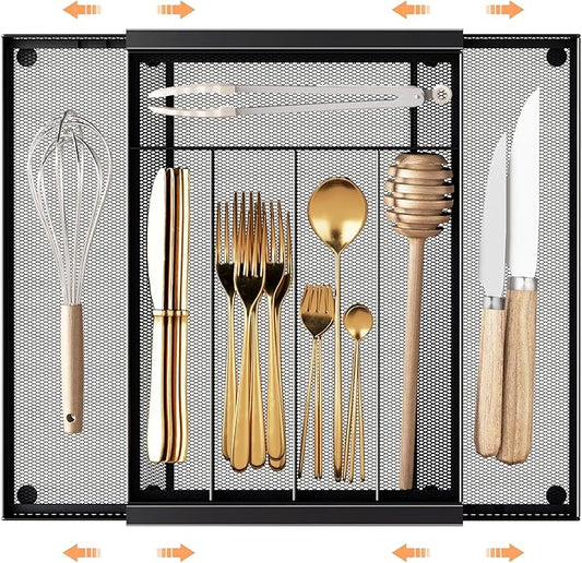 Silverware Organizer Metal Mesh, Drawer Organizer, Utensil Cutlery Tray for kitchen drawers,Expandable Flatware Organizer with 7 Compartment Black 9.6"~16.1" x 13.8"