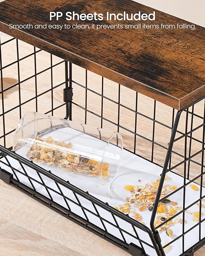 2-Tier Fruit Basket for Kitchen, Stackable wire basket with Wooden Lid, Hanging Basket with 4 Banana Hanger Hooks, for Snack, Fruit, Vegetable Storage, Rustic Brown and Black TCW04P2BF
