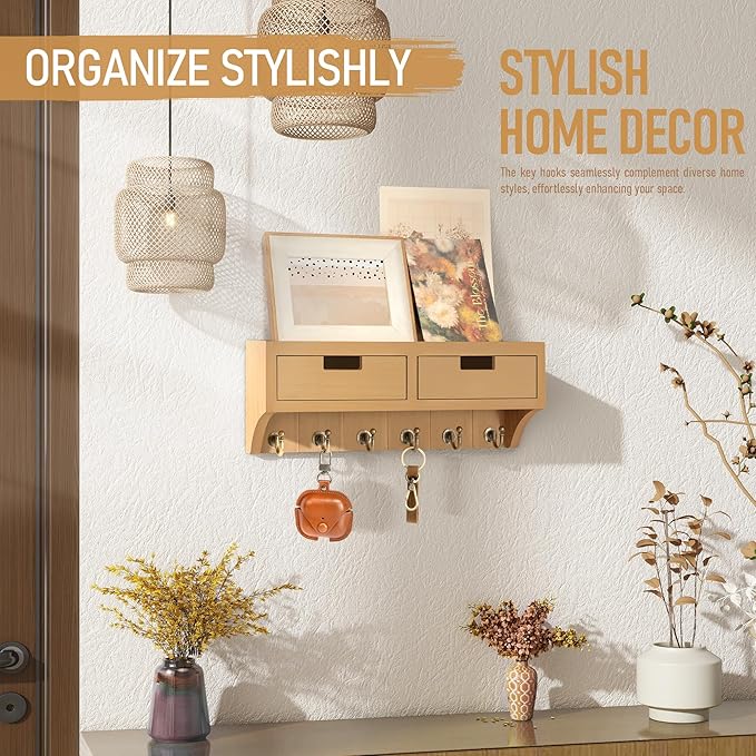 Rebee Vision Key Holder Wall Mount with 2 Drawer Organizer & Key Hooks - Farmhouse Key and Mail Holder for Wall with Shelf for Room Decor Aesthetic - Rustic Home Organization (Light Brown)