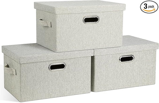 Medium 15" 21 Quart Collapsible Stackable Storage Bins with Lids, 3 Packs Beige Foldable Fabric Closet Boxes Heavy-duty Linen Cube Baskets Container for Bedroom Office (15 x 11 x 8)