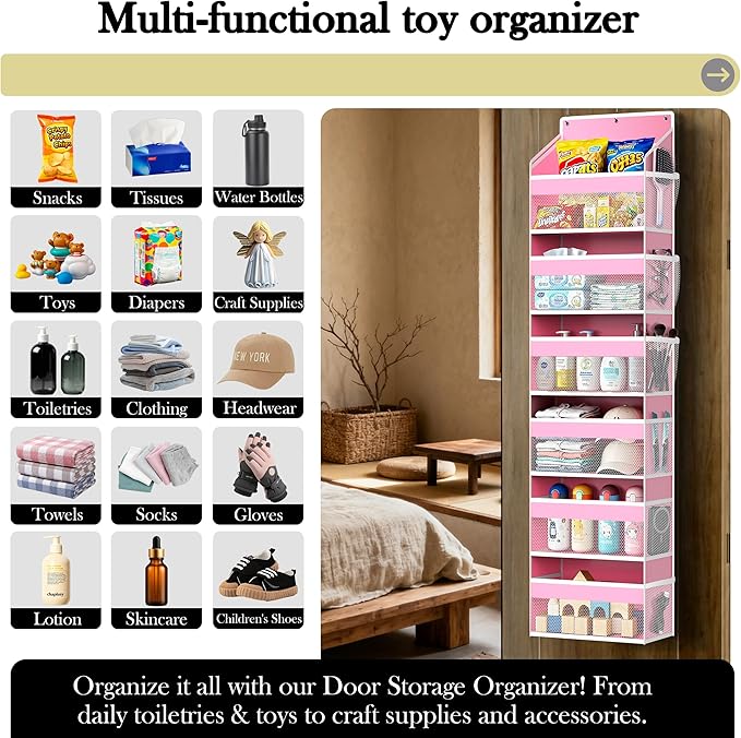 PAULONE 1 Pack Heavy Duty Over the Door Organizer, 6 Large + 12 Mesh Pockets with 89 lbs Capacity, Space-Saving Hanging Storage for Shoes, Toys, Bedroom & Closet (6-Layer Pink)