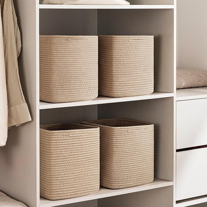 joybest 13x13x13 Inch Cube Storage Bins Set of 4, Cotton Rope Woven Organizer Basket for Shelves, Cube Bin Square Shelves Organizer Closet Storage, Nursery, Toy Organization, Brown