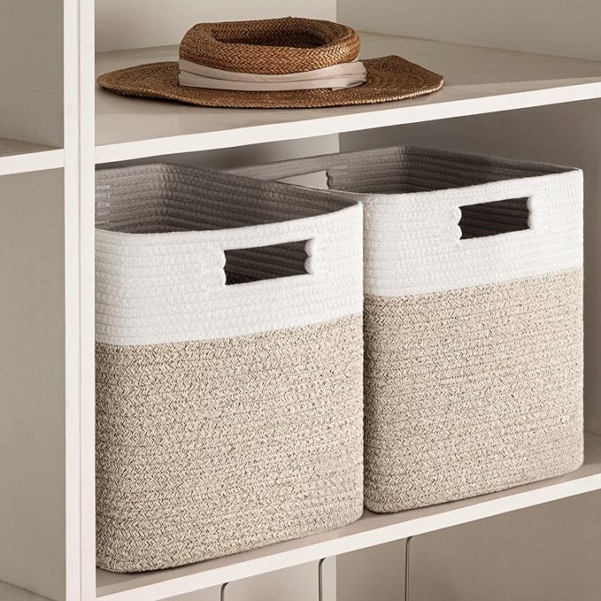 UBBCARE Storage Cubes 11 Inch, Cotton Rope Woven Baskets for Organizing, Cube Storage Bin for Baby Nursery, 2-Pack Square Toy Storage Baskets for Shleves Organizer, Closet, Kidsroom, Brown