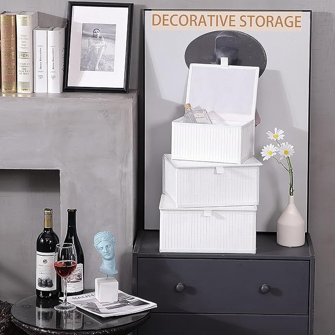 Honygebia Bamboo Decorative Storage Boxes - Set of 3 Woven Lined Storage Basket with Lids, White Wicker Lidded Baskets for Home Kitchen Shelf Organizer Decor