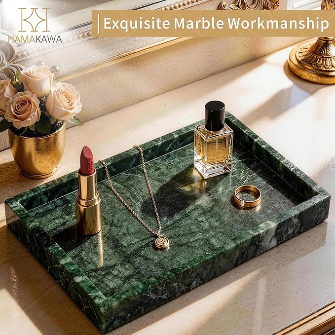 Large Bathroom Vanity Tray, Real Natural Marble Tray 12 inch, Emerald Green Marble Stone Toilet Tank Trays, Modern Dresser Trays, Countertop Organizer for Kitchen Counter, Soap Dispenser