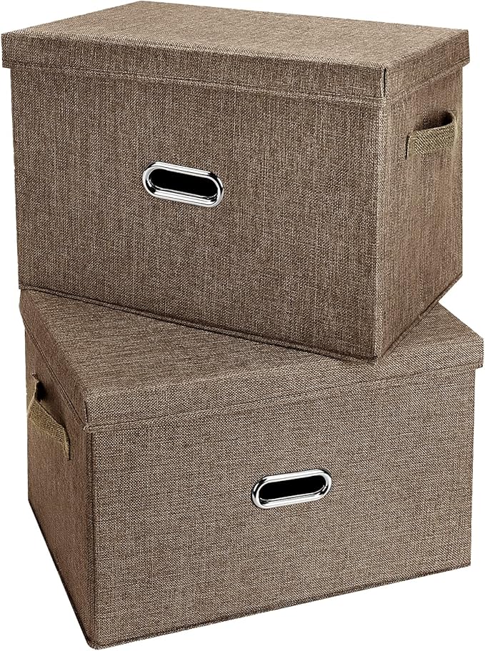 Large Linen Fabric Foldable Storage Bins with Removable Lid and Handles, Washable Storage Box Organizer Containers Baskets Cube with Cover for Bedroom,Office(Coffee, XXL(2-Pack))