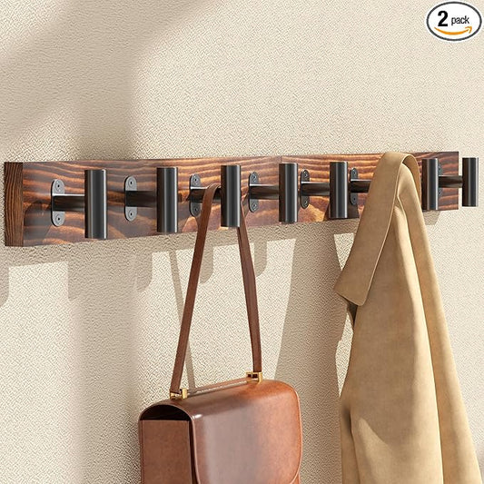 Coat Rack Wall Mount, 2 Pack Rustic Coat Hanger with 8 Black Metal Heavy Duty T Shaped Hooks, Pine Soild Wood Large Coat Hooks Wall Mounted for Entryway, Living Room, Bathroom (32.3")