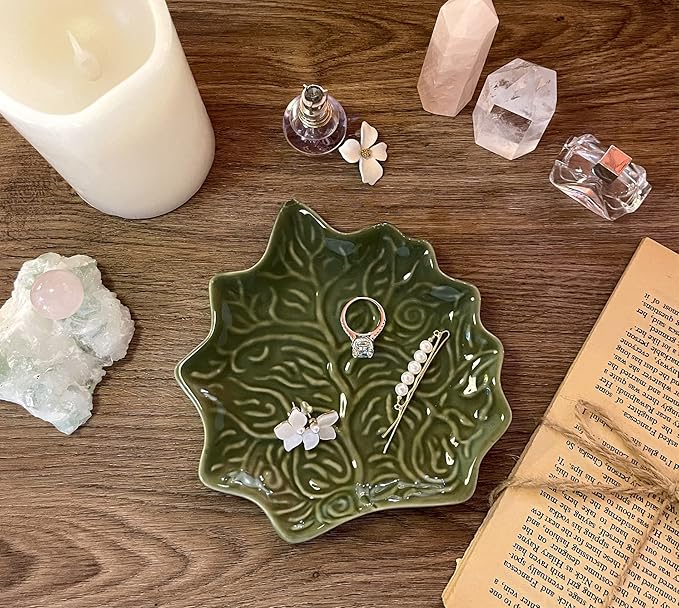 Jewelry Dish Trinket Tray for Women, Ring Dish Holder, Unique Leaf Shape Ceramic Plate Cute Things Vanity Aesthetic Room Decor Mother's Day Birthday Christmas Warm House Gifts (Green)