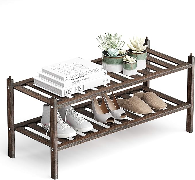 Bamboo 2-Tier Shoe Rack Stackable Shelf Storage Organizer for Entryway, Hallway and Closet, 27.2"x11"x13.2" (Mocha)