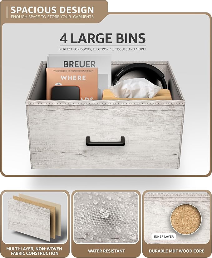 Sorbus Nightstand Dresser with 4 Faux Wood Drawers â Tall Bedside Table Chest with Storage, Steel Frame, Wood Top, Easy Pull Fabric Bins for Bedroom, Living Room, Closet & Dorm Furniture Lamp Stand