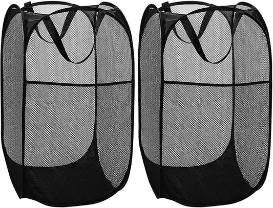 BATTOO Deluxe Strong Mesh Pop up Laundry Hamper Basket with Side Pocket Foldable Hamper for Laundry Room, Bathroom, Kids Room, College Dorm or Travel Black + Black