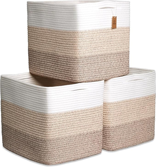 NaturalCozy 13x15x13 Kallax Storage Cubes Bins, 3 Pack | Cotton Rope Cube Storage Bin Woven Baskets for Organizing | Kallax Insert Storage Baskets for Shelves Organizer, Kids Toy, Closet Baby Nursery