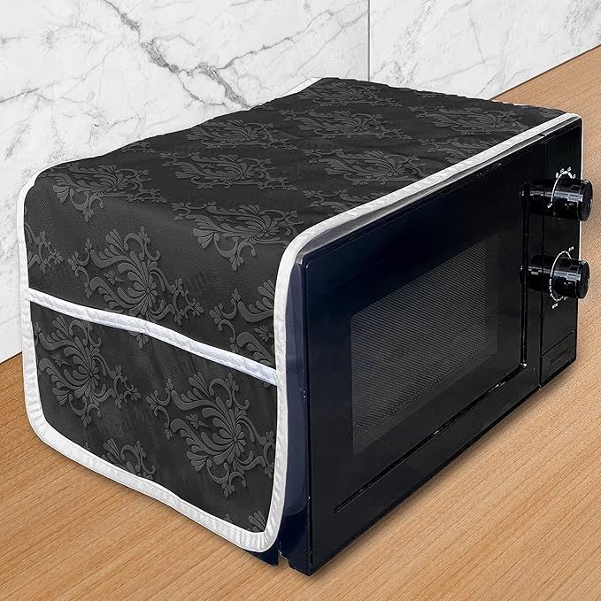 Ambesonne Dark Grey Microwave Oven Cover, Antique Damask Pattern in 3D Style Classic Old Fashioned Floral Design, Water Resistant Organizer with Pockets for Kitchen, 36" x 12", Grey and Charcoal