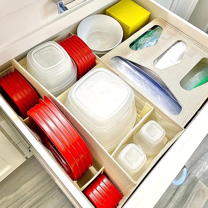 Food Storage Container Organizer Box – A Kitchen Drawer Organizer Compatible with Rubbermaid, Glad Containers and Lids – Adjustable Foldable Cloth Box