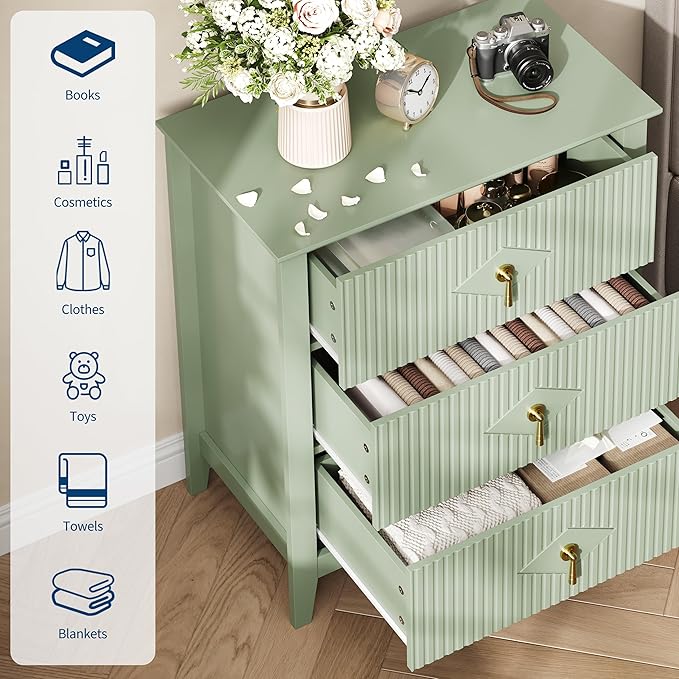 GarveeHome Fluted Dresser for Bedroom, 27.5" Wide 3-Drawer Wood Dresser, Modern Chest of Drawers, Storage Organizer Cabinet for Living Room, Hallway, Entryway, Green