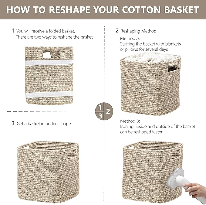 UBBCARE Storage Cubes 11 Inch, Cotton Rope Woven Baskets for Organizing, Cube Storage Bin for Baby Nursery, 4-Pack Square Toy Storage Baskets for Shleves Organizer, Closet, Kidsroom, All Browm